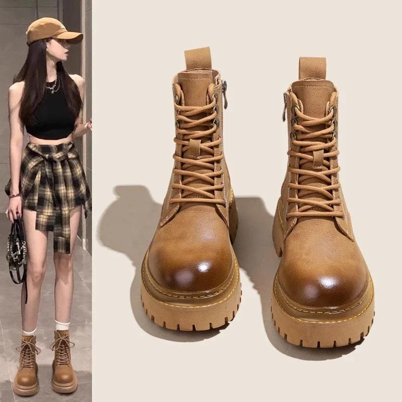 2024 Fashion Hot Selling Solid Color Round Toe Women's Boots Spring and Autumn Comfortable and Versatile Lace-Up Women's Boots