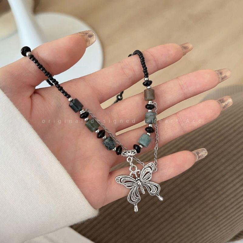 New Chinese Vintage Beaded Butterfly Necklace For Women Ins Hip Hop Trendy Hot Girl Ethnic Style Versatile Collarbone Chain Jewelry Accessory