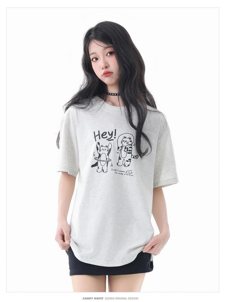 Унисекс Летний Тренд Хлопковая Футболка с Принтом Кота, Со Спущенным Плечом, Свободного Кроя