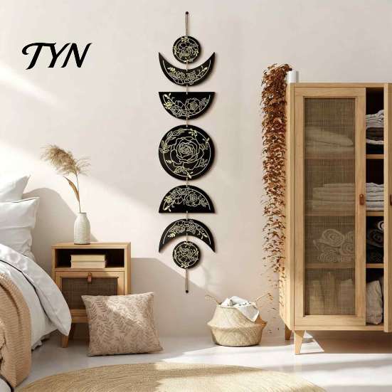 Boho Style Wall Hanging Decor Decoration, Moon Phases Art, Minimalist Star Phase Wood Panels Gothic Witchy Door Pediment Pediments Sign for Room Home