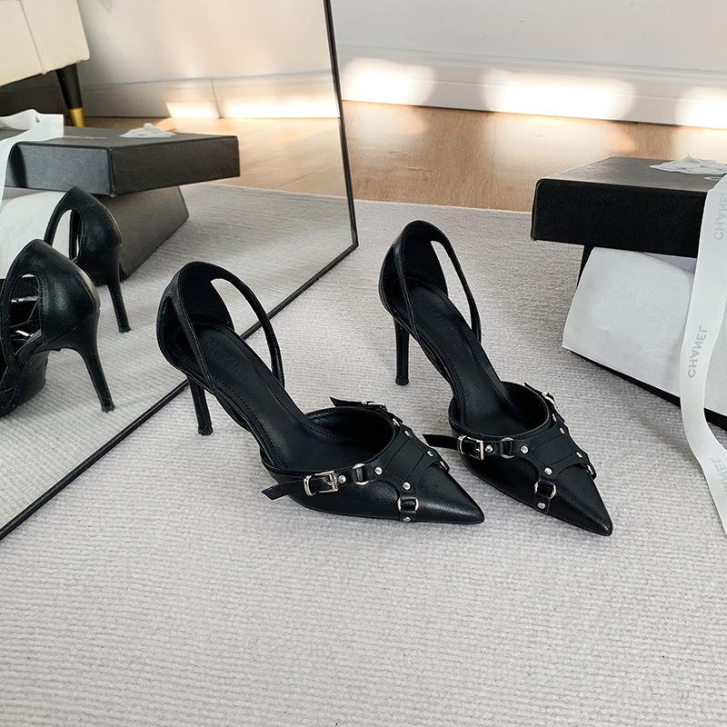 L120 туфли на высоком каблуке женские чувство дизайна 2025 лето новая мода острый носок черный каблук-рюмочка большой размер высокий каблук одинарные туфли