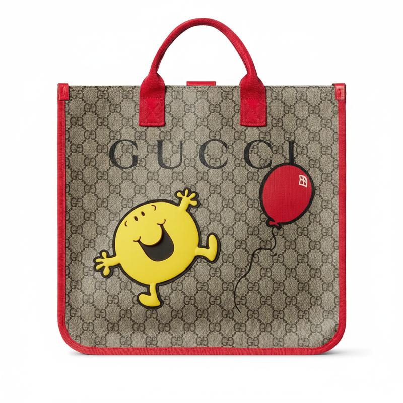Gucci X little miss сумка-тоут с совместным брендингом и принтом GG Supreme с мультяшными персонажами, кожаная сумка-тоут, детский стиль, бежевый и темно-коричневый
