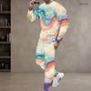 Men Plus Size Black Teal Gold Printed Two Piece Set Round Neck Long Sleeve Top Cuffed Pants