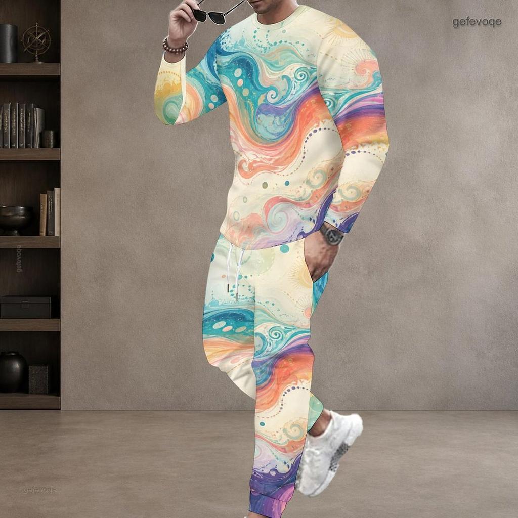 Men Plus Size Black Teal Gold Printed Two Piece Set Round Neck Long Sleeve Top Cuffed Pants