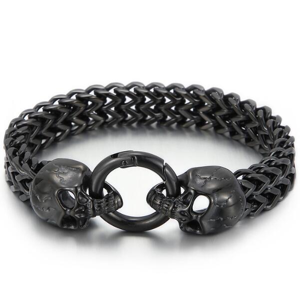 Gothic Double Skull Man Bracelet for Men In Stainless Steel Link Chain Men's Charm Bracelets Steampunk Skeleton Jewellery Guests Gifts
