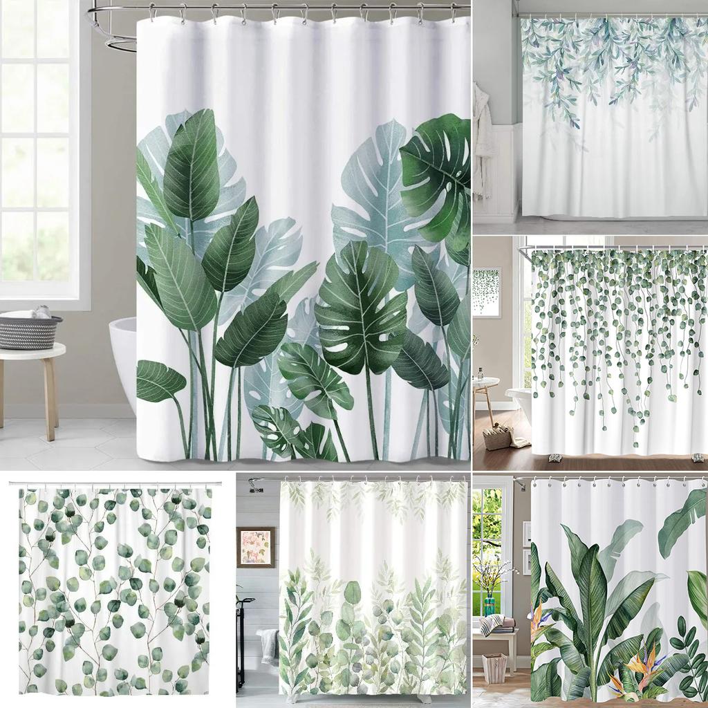 Tropical Green Leaves Plant On White Background Odorless Shower Curtains For Bathroom Showers And Bathtubs Decor With Hooks