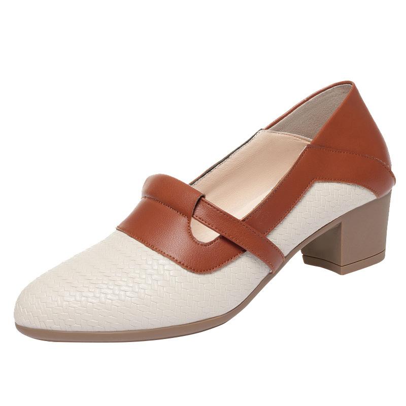 4.5cm Vintage Knit Pointed Toe Shallow Mouth Soft Leather Loafers Women Pumps 2025 Spring Med Block Heels Shoes for Office Mom