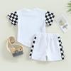 Летняя одежда для маленьких мальчиков, костюмы, клетчатые лоскутные футболки с короткими рукавами и круглым вырезом, топы, шорты с эластичной резинкой на талии, комплект из 2 предметов