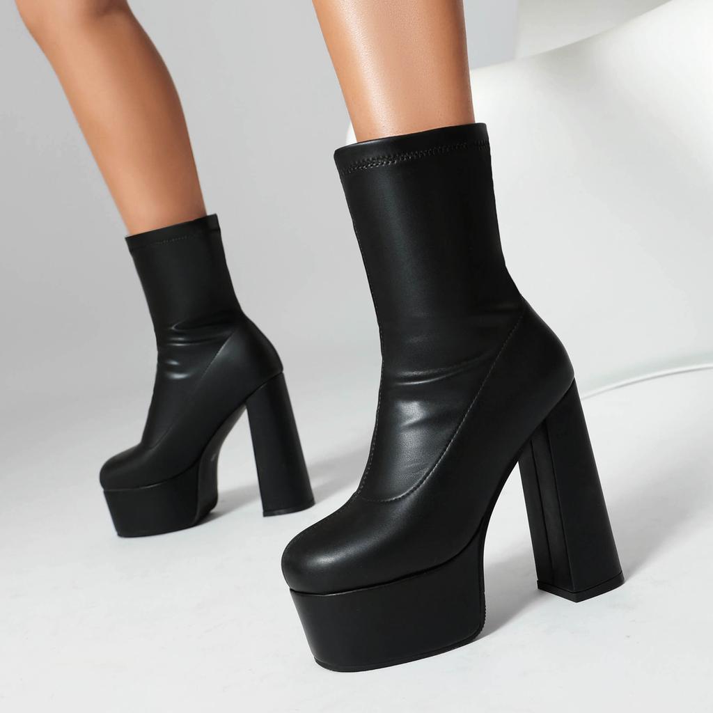 Sung Fit Ankle Boots Women's Platform Stretch Boots Soft PU Comfy Chunky High Heels Shoes Slip On Gold Silver Balck White Brown