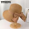 Foldable Elegant Straw Bucket Hat Elegant Pleated Bow Solid Color Sun Hats Breathable Outdoor Travel Beach Hats for Women Daily Use