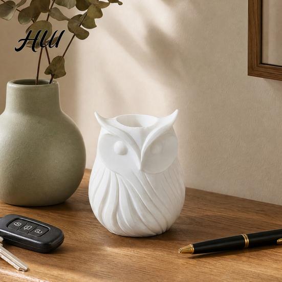 Desktop Clutter Organizer 3D Printed Owl Pen Holder, 2 in 1 Flower Vase Makeup Brush Storage Cup Desk Organizer, Cute Plastic Home Office Decor Black