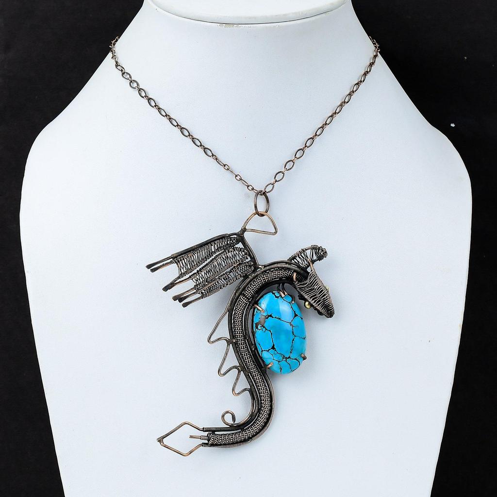 Tibetan Turquoise Pendant Copper Wire Wrapped Pendant Dragon Pendant Handmade Jewelry Designer Pendant Gemstone Copper Jewelry Gift For Him