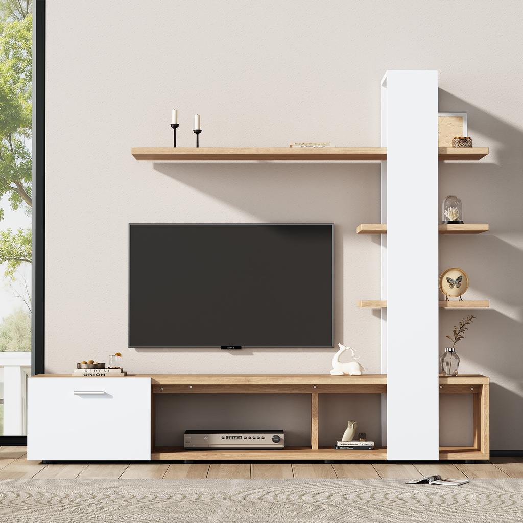 Living Room Cabinet, Living Room Furniture Set 180 x 33.5 x 151.5 cm, Suitable for TVs under 60 Inches, Modern Oak White TV Cabinet, TV Wall Unit Set