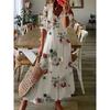 Ladies Sweet Loose V-neck Printed Suspender Mid-sleeved Long Dress Summer Beach Vacation Casual Skirt