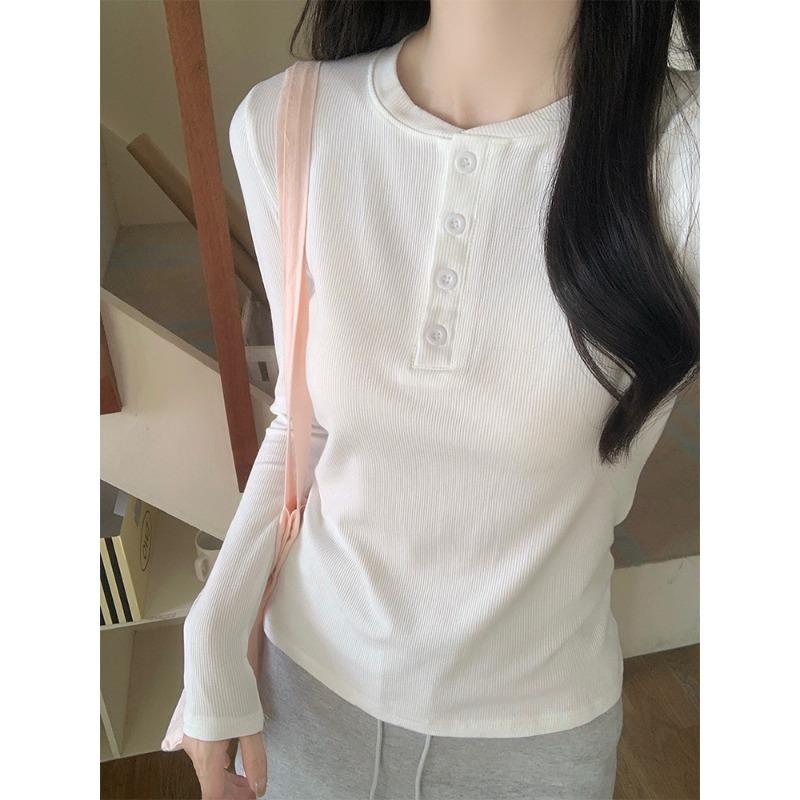 Женская футболка с длинным рукавом на одно плечо, застегивающаяся на пуговицы спереди, весенняя новинка, простой и универсальный топ, белая базовая футболка