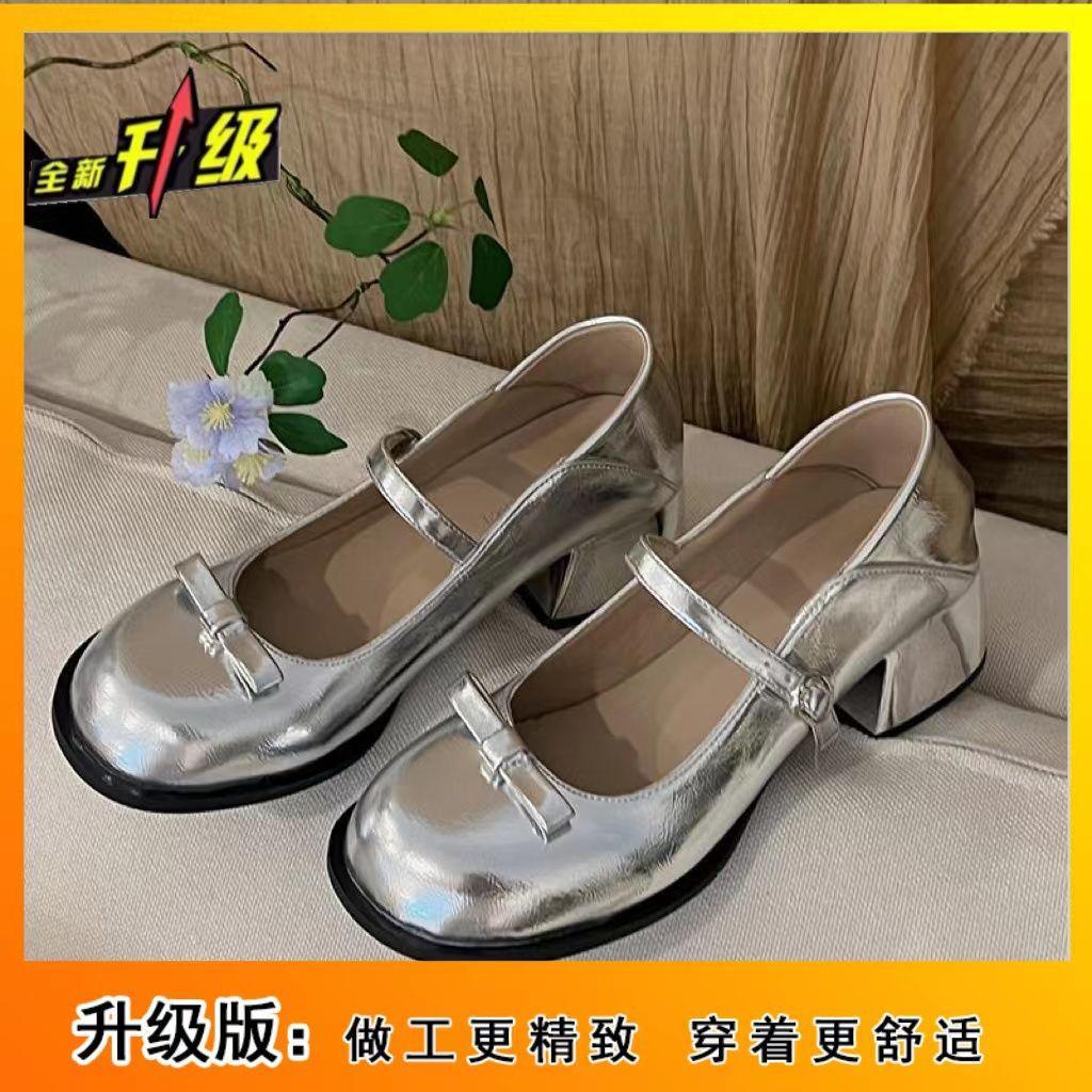 Coarse Heel French Mary Jane Shoes 2025 New Summer Light Mouth with Skirt Fairy Style Silver Round Head Small Leather Shoes