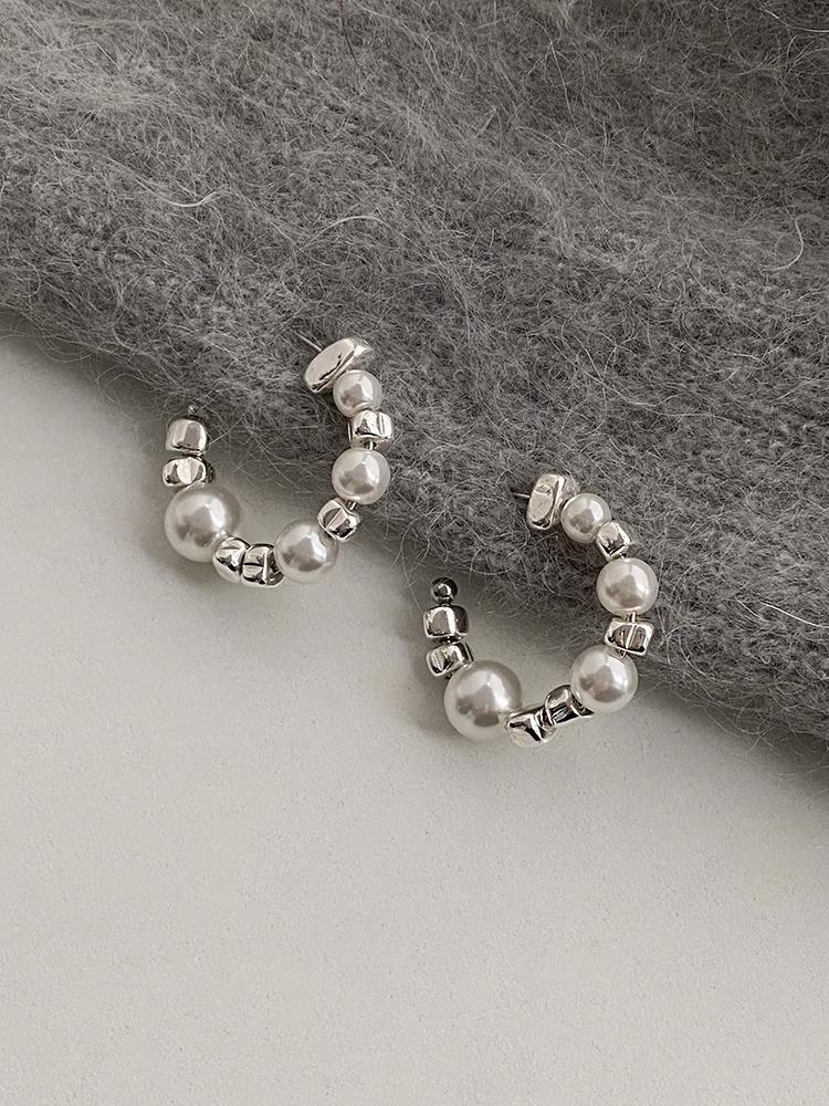 Серьги-гвоздики Broken Silver Silver Needle Premium Pearl Bay, С-образные, корейские, простые