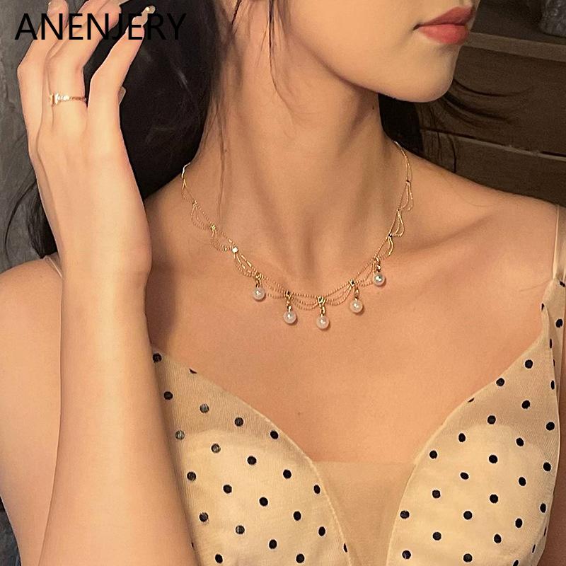 ANENJERY New Fashion Kpop Pearl Choker Necklace Cute Double Layer Chain Pendant For Women Jewelry Girl Gift Wholesale