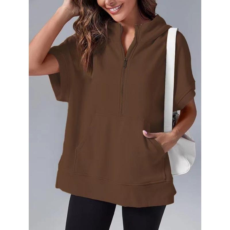 Женская весенняя новая однотонная повседневная толстовка с коротким рукавом и капюшоном