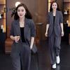 Женский комплект из 2 предметов: пальто и брюки, длинные рукава, кардиган с двумя пуговицами, куртка средней длины, свободные прямые широкие брюки с высокой талией, формальные