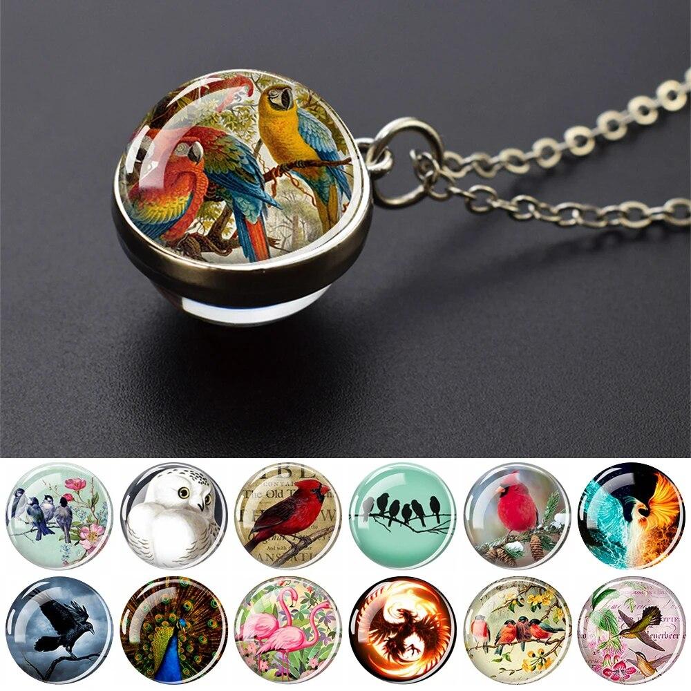 Попугай Феникс Павлин Ворон Ласточка Воробей Сова Двусторонний Стеклянный Шар Подвеска Ожерелье Мужчины Женщины Ювелирные Изделия Подарок