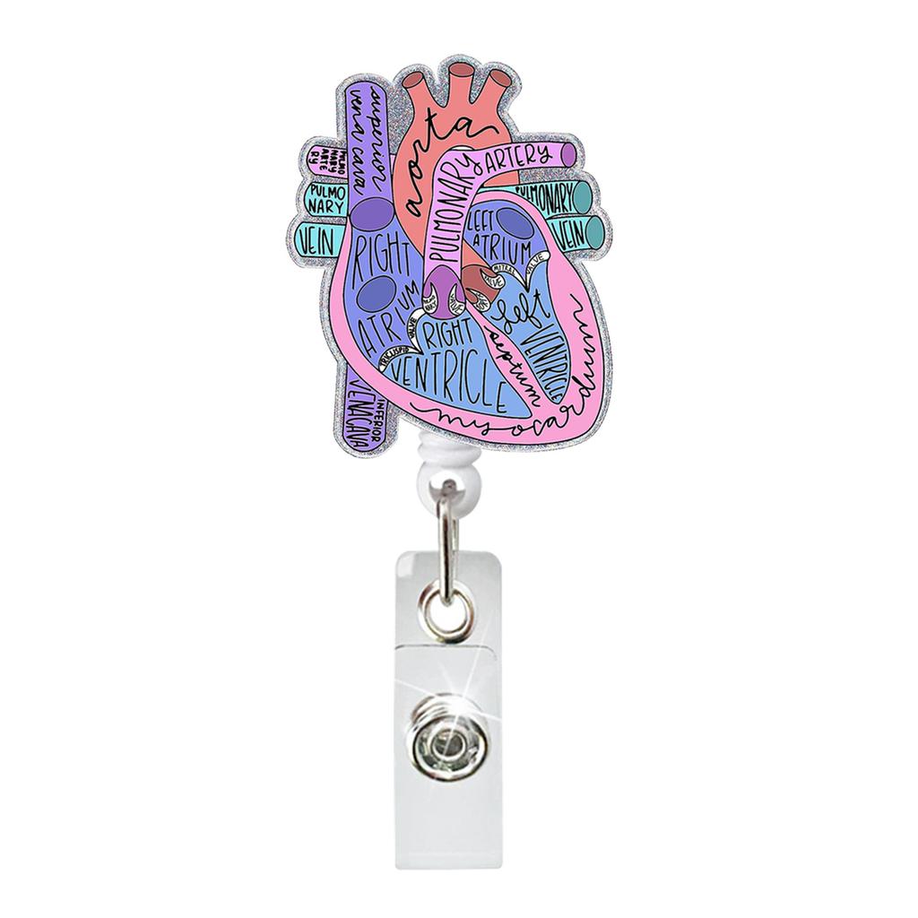 Medical Heart Lung Brain Acrylic Glitter Retractable Badge Reel Rotating Crocodile Clip ID Badge Holder for Doctor Nurse