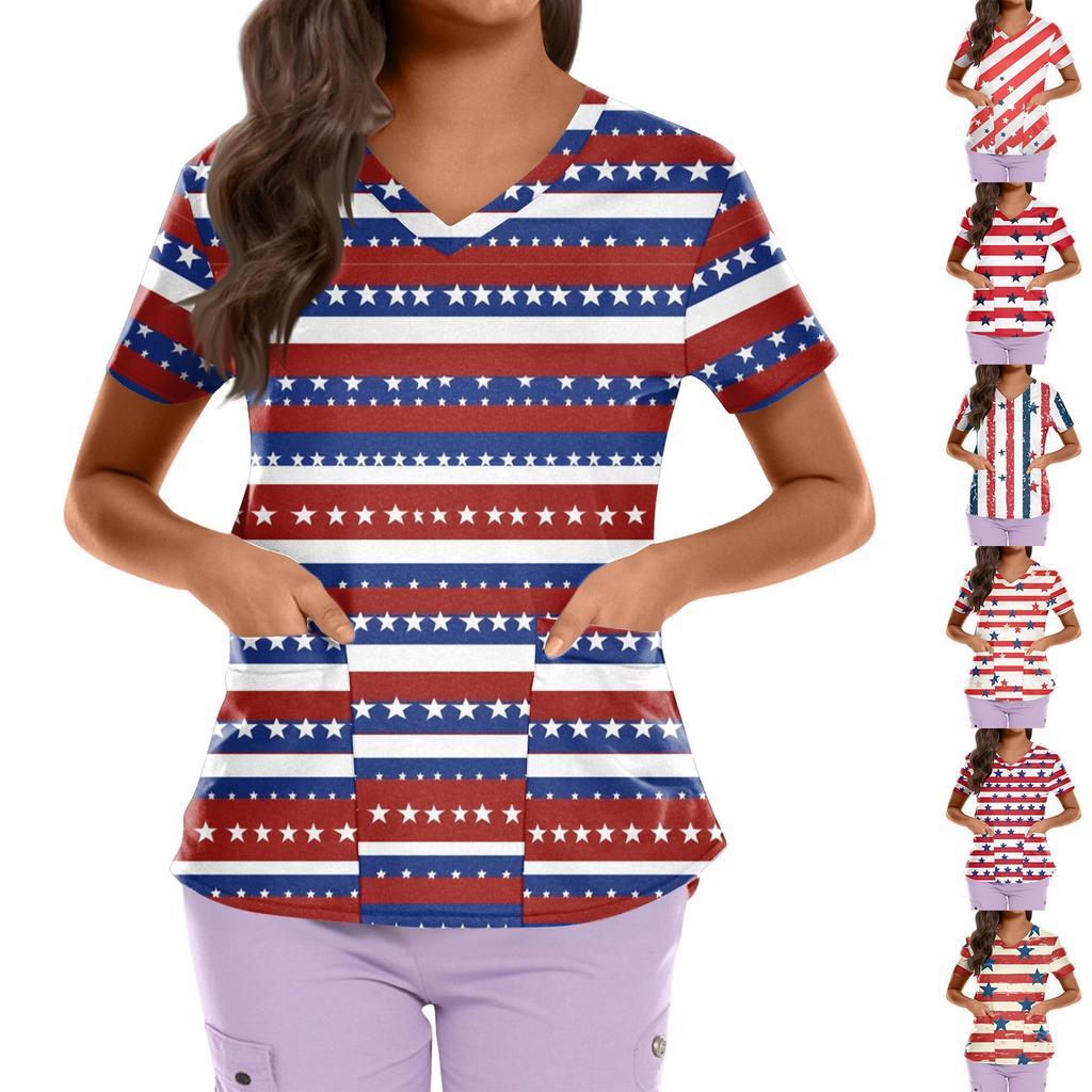 Plus Size Printed Scrub Working Uniform Tops For Women's Cross V Neck Independence Day Print Short Sleeve Fun T-Shirts Workwear Tee With Pockets