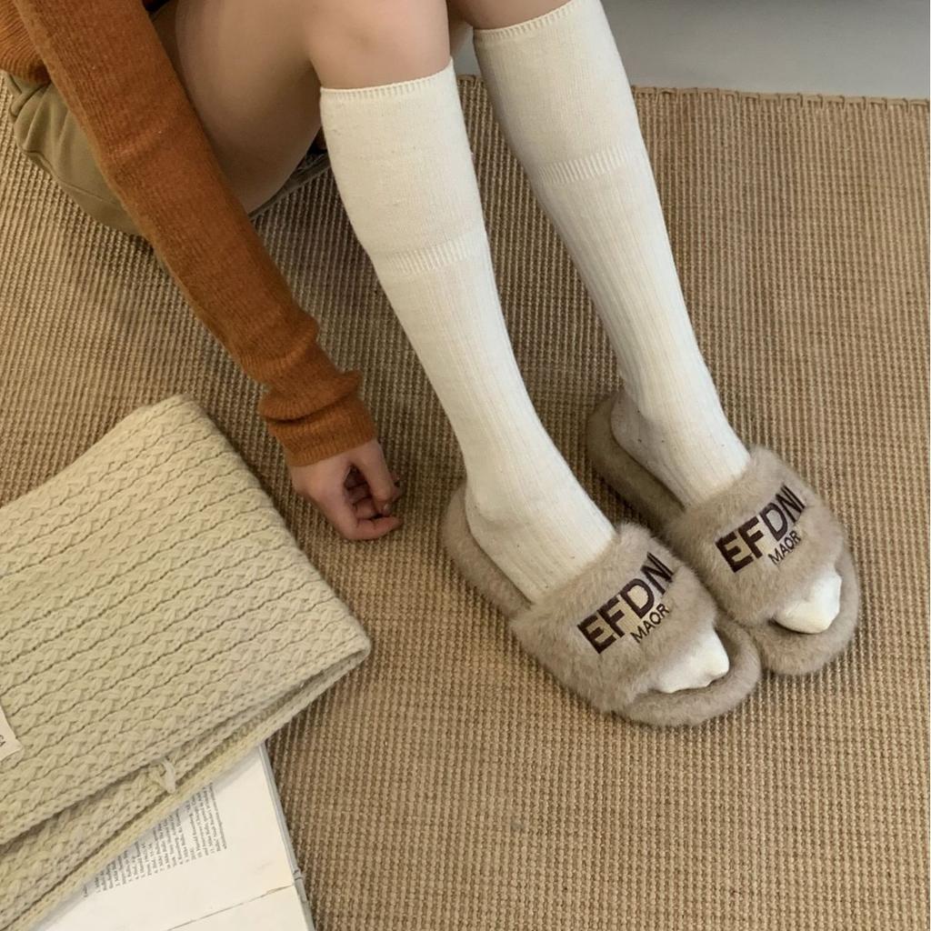 2025 New Autumn and Winter Mao Mao One-word with Open Toes and Half Tows, Wearing Mao Mao Open Toes Commuter Women's Warm Slippers