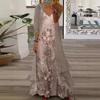 Women's Light Pink Floral Print Strappy Maxi Dress with Light Gray Cardigan