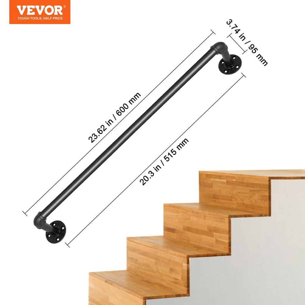 Pipe Stair Handrail Staircase Handrail 2 FT Carbon Steel for Wall Mount