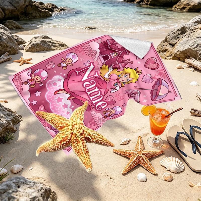 Custom Name Personalized Princess Peach Toadstool Print Beach Towel, for Trip Camping Beach Party Home Decor, Birthday Gift for Family & Friends
