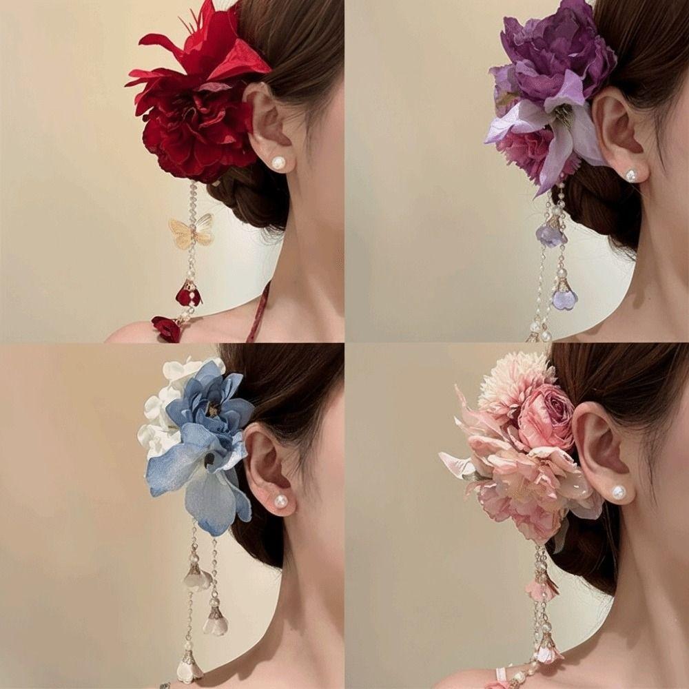 Elegant Design Flower Hairpin Pink Floral Headdress Tassel Hanfu Hair Accessories Party Wear