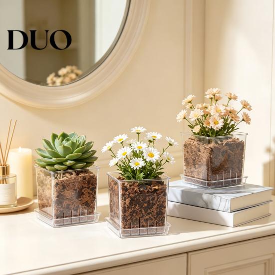 Clear Gardening Pot with Holes Orchid Planter Saucer, Square Plant Plastic Drainage Holes, Transparent Flowerpot for Phalaenopsis, Seedings Flower