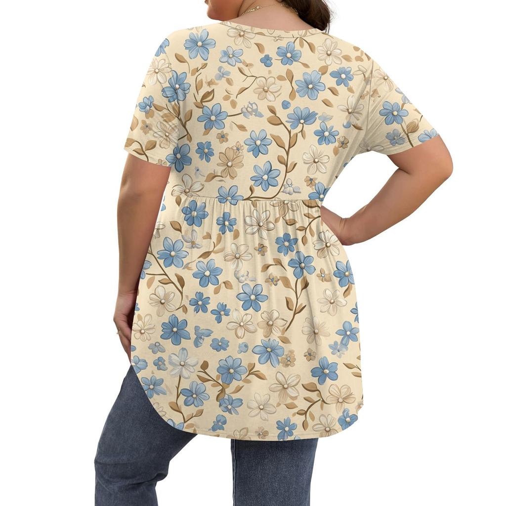 Женский принт Большой размер V-образный вырез Застегивающаяся на пуговицы блузка Повседневная с коротким рукавом Свободная блузка