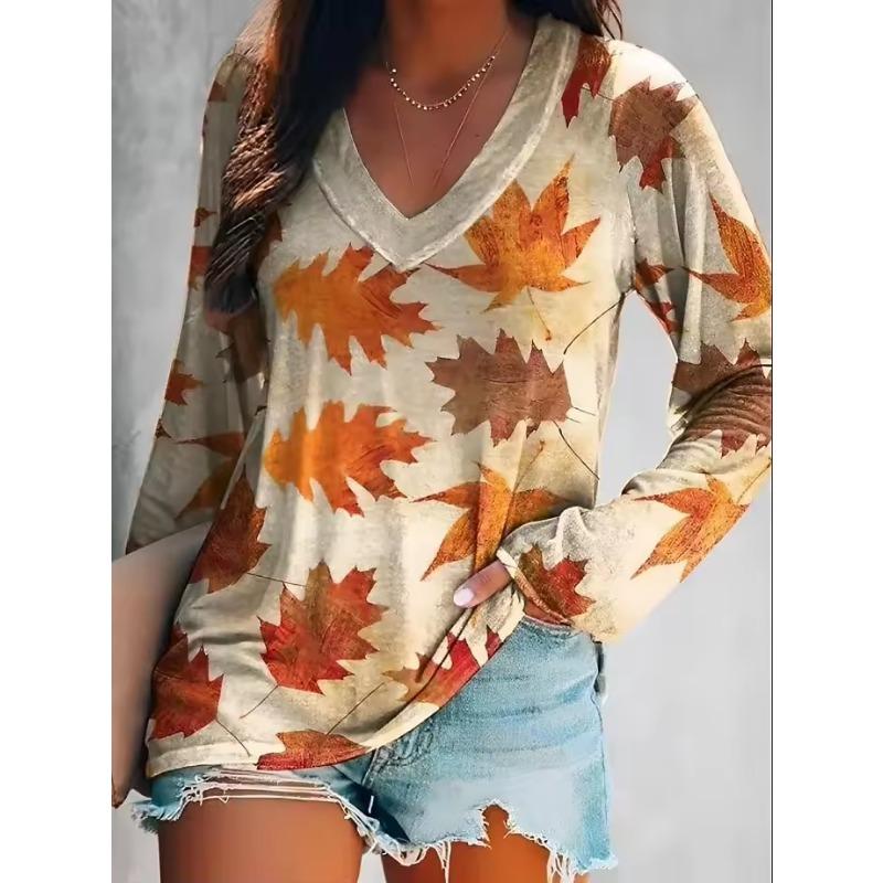 Женская футболка с цветочным графическим принтом, элегантная модная футболка, футболки с длинным рукавом, V-образный вырез, обычные топы, пуловер, осень-зима