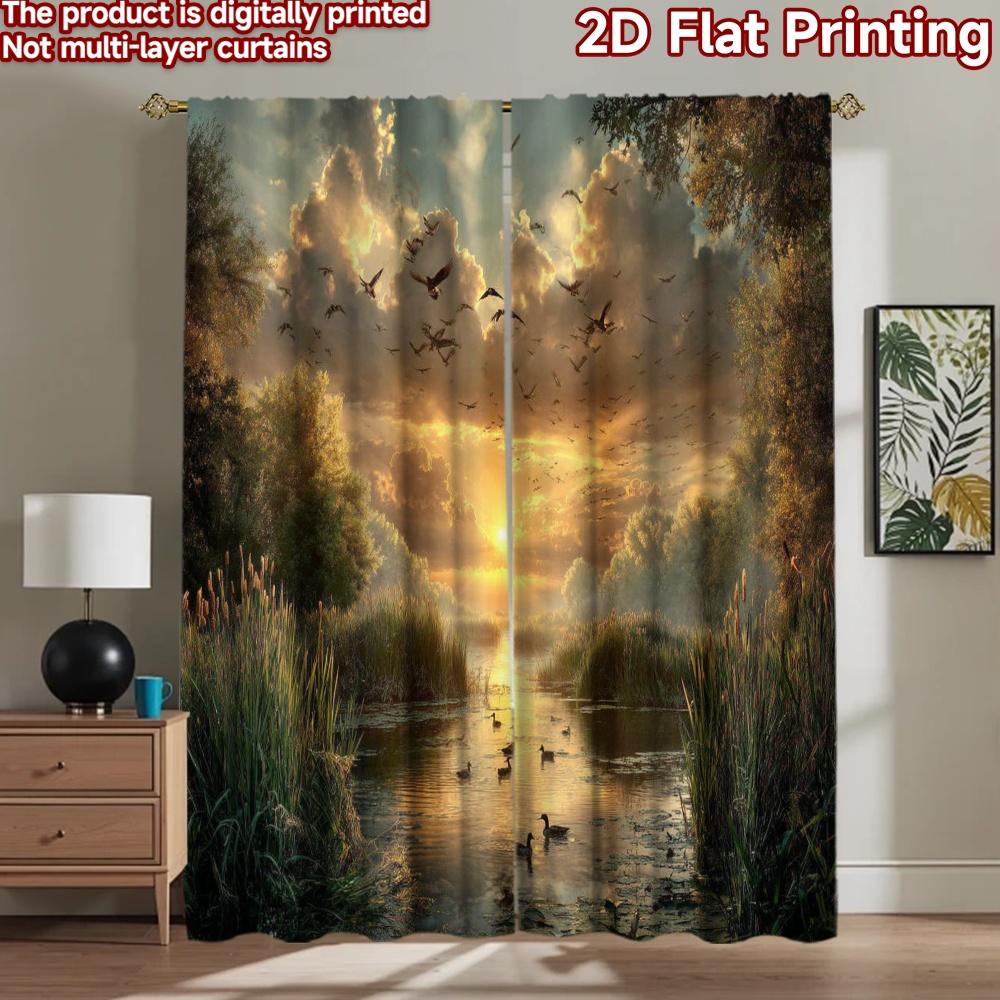 2D flat printing 2pcs Curtains Ducks Flying Sunset Lake Digital Printed Polyester Drapes Festive Holiday Use for Holiday Parties