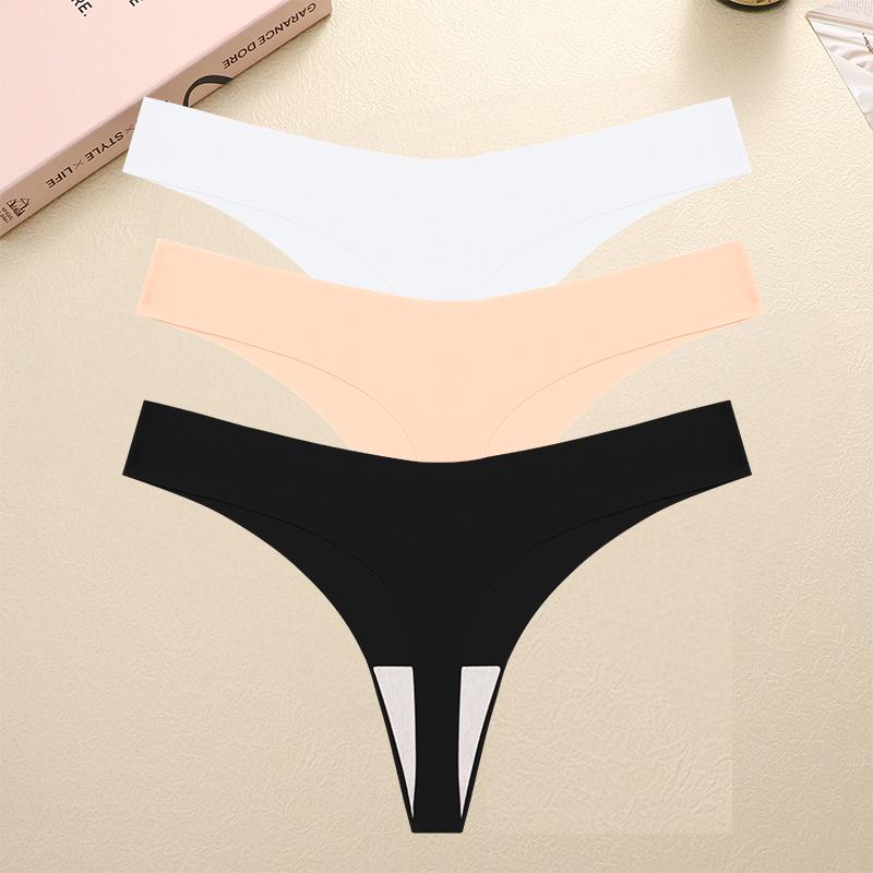 3PCS Seamless Thong Women Ice Silk T-back Intimate Solid Breathable Crotch Briefs Sexy Tanga Multiple 10 Color Lingerie