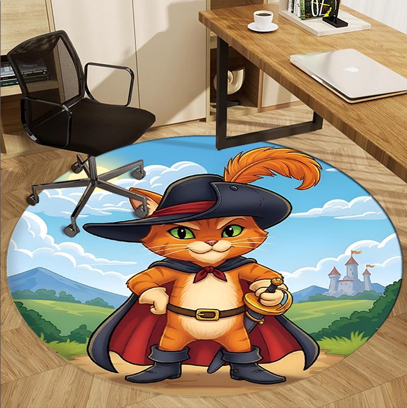 Puss in Boots Pattern Round Rug, Indoor/Outdoor Mat, for Picnic, Gameroom, Bedroom, Office, Living Room, Home Decor Carpet, Birthday Gift