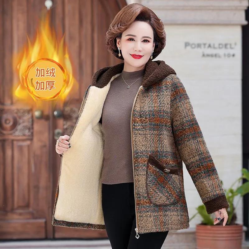 Пальто для женщины среднего возраста, зимние парки, твидовое шерстяное пальто, флисовая утолщенная куртка с хлопковой подкладкой, женская теплая верхняя одежда оверсайз