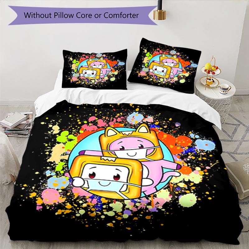 3pcs Lankybox Foxy and Rocky pattern bedding set duvet cover set includes duvet cover &pillowcases, perfect all season bedroom decoration & gift