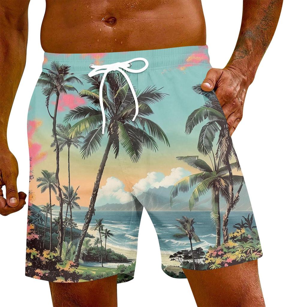 Men's Fashion Hawaiian Print Elastic-Waisted Casual Yoga Pants Beach Shorts