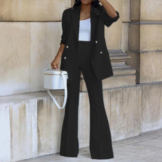 1 комплект, женский пиджак, брюки, сплошной цвет, широкие брюки, осень-зима, двубортный костюм с лацканами, комплект для офиса