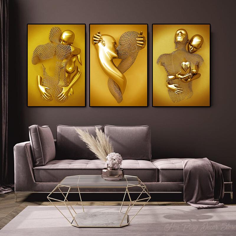 3D золотой эффект, обнимающая пара, металлическая настенная живопись, холст, принт, поцелуи, художественные постеры и принты для гостиной, домашний декор