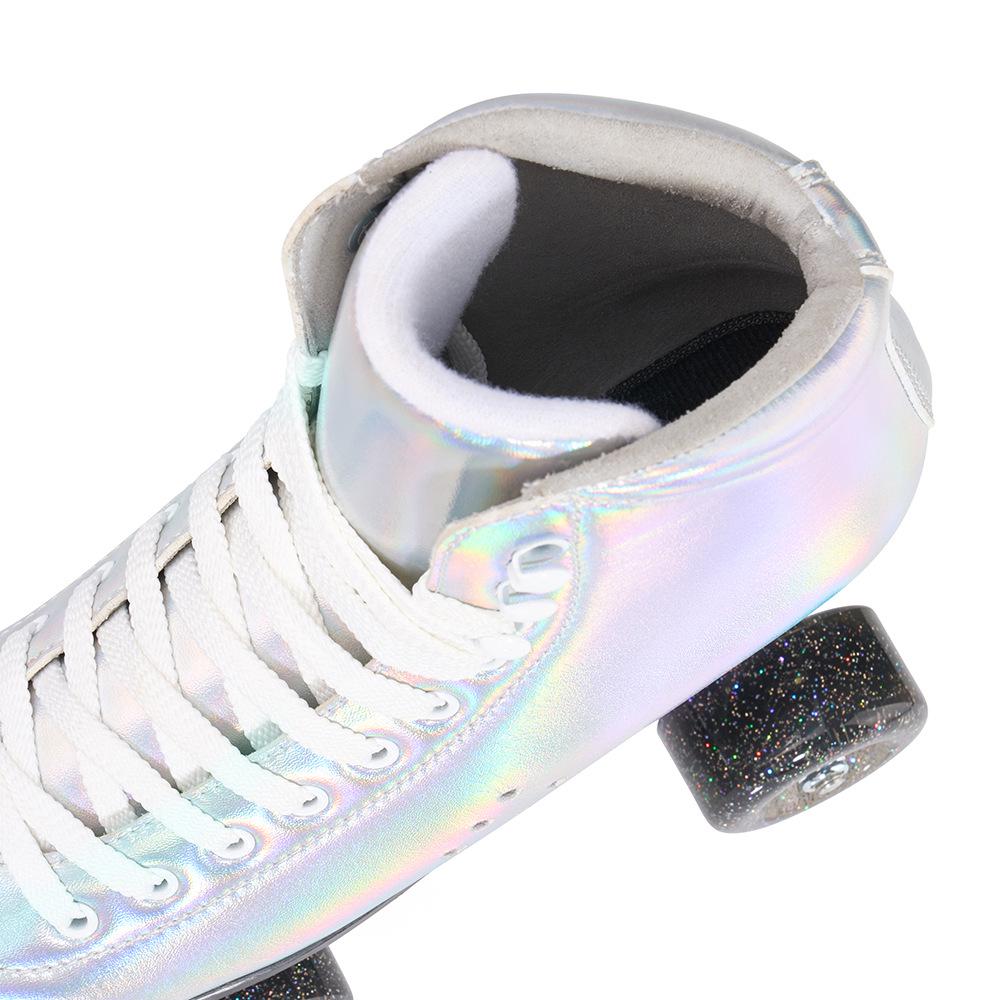 New In-Stock Double-Row Roller Skates with Laser Fabric, Adjustable Brake, and PU Flashing Wheels for Ice Rink.