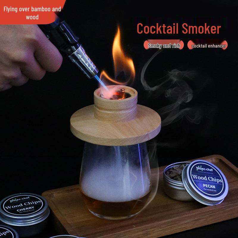 Популярный набор для копчения коктейлей: Деревянный коптильный аппарат, щепа, барные инструменты и кубики льда