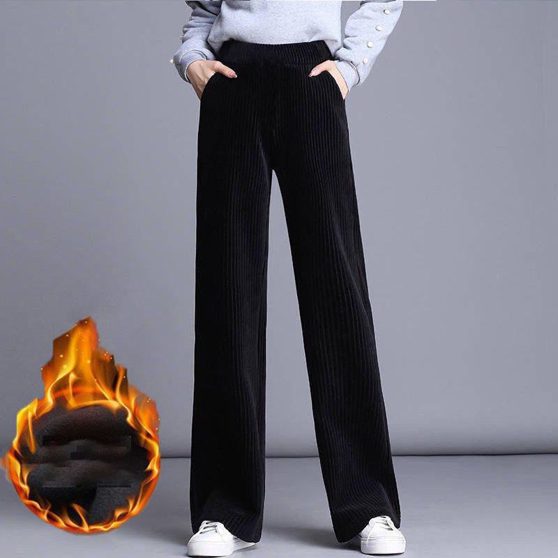 Fleecing Plush Thick Warm Letter Stripes High Waist Corduroy Straight OL Wide Leg Long Pant Women Winter Casual Trouser Clothing