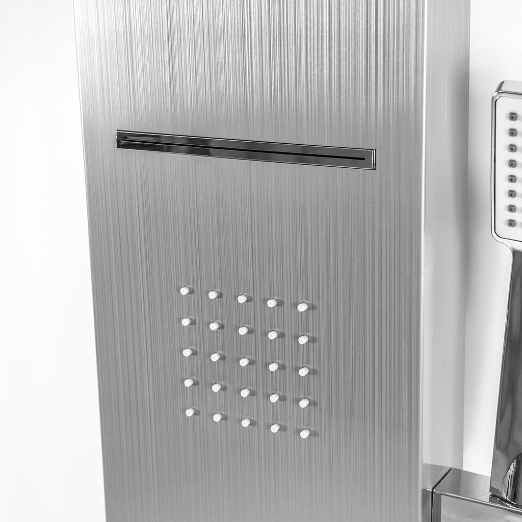 Shower panel with hydromassage, faucet, shower column, rain shower