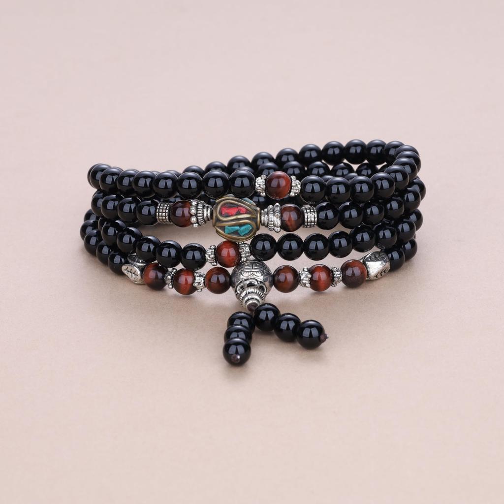 COAI Tibetan Onyx and Red Tiger Eye Nepalese Protection Good Luck and Power Stone for Men and Women 108-Bead Stones, Stones, Evil-Proof
