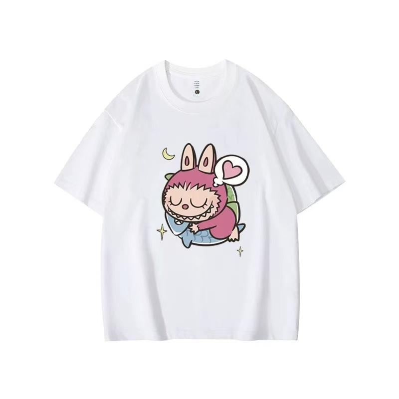 Летний топ с круглым вырезом и принтом с узором Лабубу, модная повседневная женская футболка с коротким рукавом из чистого хлопка