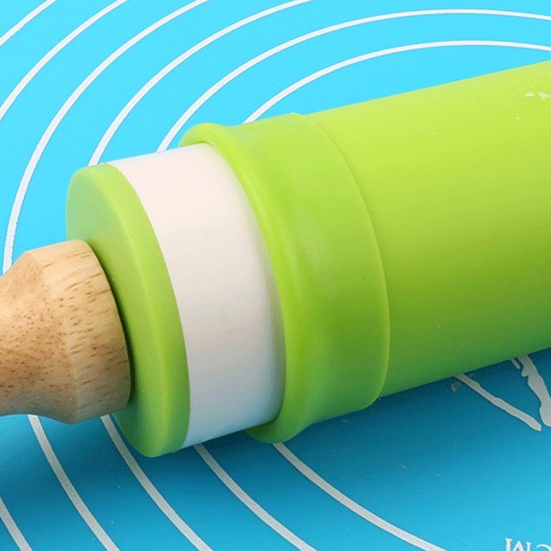 Non-Stick Silicone Rolling Pin with Wooden Handles for Baking, Pastry Dough Roller, Fondant, Pizza, Etc. 30cm